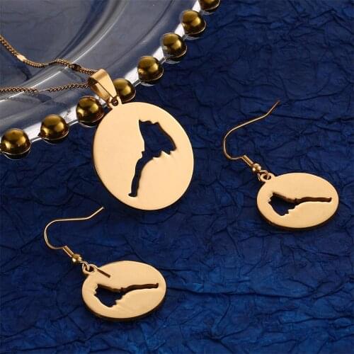 Stainless Steel Round Eritrea Map Pendant Necklaces Earring Trendy Gold Color Eritrea Map Jewelry Set