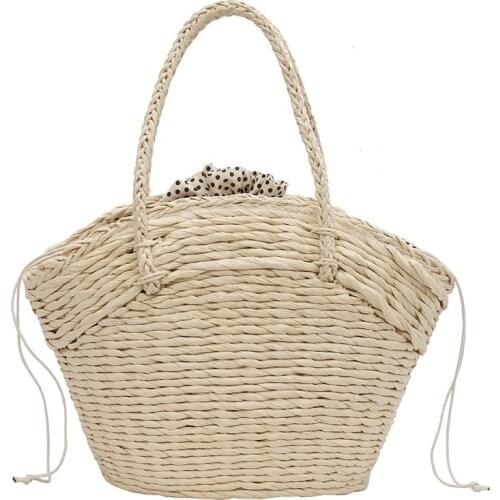 Rattan Woven Portable Cabbage Basket Large Capacity Bucket Bag Rope Mother Bag Beach Holiday Tote Bag