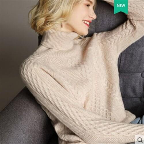 Womens Pullovers Solid Autumn Winter 100% Pure Wool Turtleneck Sweaters Raglan Sleeve Thickened Fashion Twist Pattem Sweater