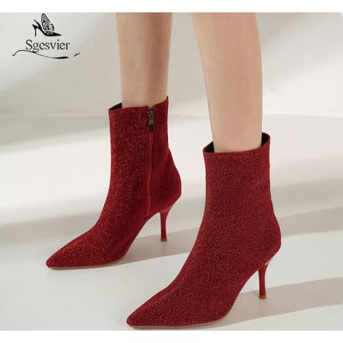 Sgesvier 2020 plus size 34-47 women ankle boots pointed toe solid color zip sexy thin high heel party shoes ladies Elastic boots