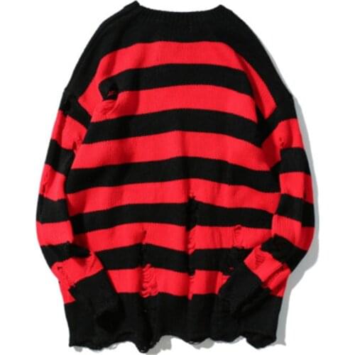 Black Red Striped Sweaters Washed Destroyed Ripped Sweater Men Hole Knit Jumpers Men Women Oversized Sweater Harajuku