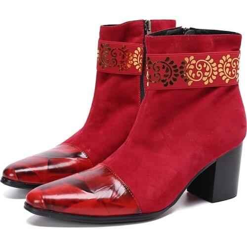 Trending New Red Suede Leather Boots for Men Fashion Pointed Toe 7cm High Heel Mens Wedding Party Ankle Boots Botas De Hombre