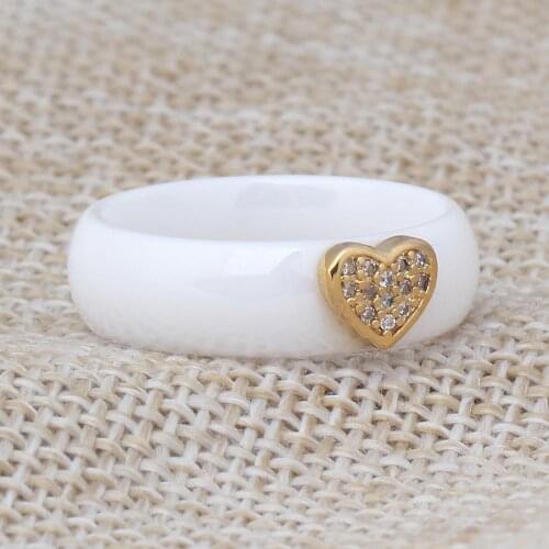 South Korea New Fashion Simple Ceramic Ring Inlaid with Zircon Heart-shaped Black and White SimpleCouple Titanium Steel Jewelry
