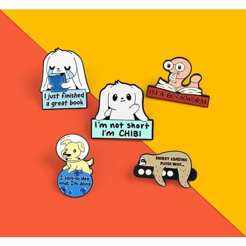 Funny Quote Lapel Pin Sloth Brooches Sad Dog Astronaut Enamel Pin Bookworm Badges Kawaii Animal Jewelry Gift For Lover Friends