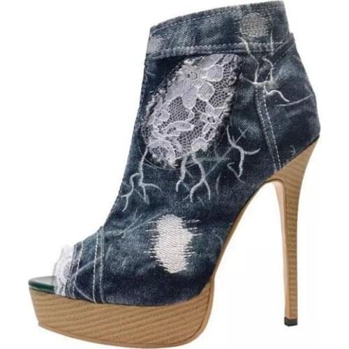 Rome style denim blue ankle boots lace flower embroidery platform boots for woman sexy open toe summer gladiator boots