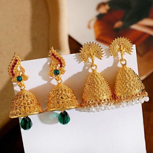 Womens Gypsy Gold Peacock Bells Indian Jhumka Earrings Bohemian Retro Green Beads Tibetan Earrings Oorbellen