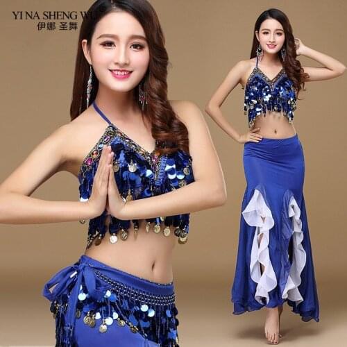 Belly Dance Skirt Costume Bra Belt Fish Tail Skirts Women Dance Wear Coins Tops Slim Gilrs Bellydance Sequins Beaded Outfits