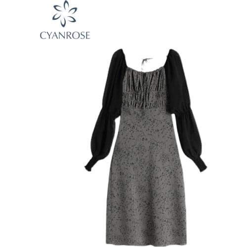 Long Sleeve Floral Dress Womens 2021 Autumn New Style Splicing Design Slim Vintage Midi Dress French Temperament Dress Female