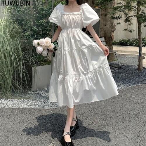 Summer New Style Womens Square Neck Bubble Sleeve Holiday Open Back Waist Slim One Line Shoulder Back Bandage Dress