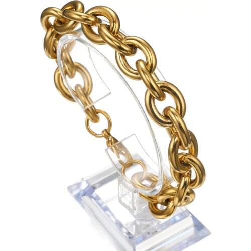 11/13/15mm Handmade Gift 316L Stainless Steel Gold Color Rolo Oval Link Chain Womens Mens Bracelet Bangle Trendy Jewelry 7-11"