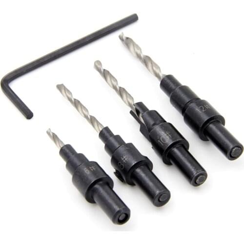 4pcs/set Quick Change Hex Shank Tapered And Hardened Countersink Drill Cone Bit Set Hole Saw Woodworking Tools + Small wrench