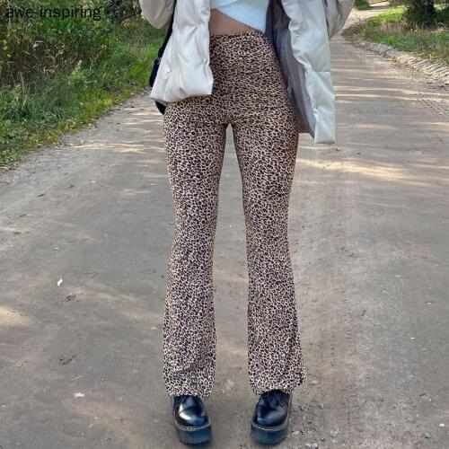 Leopard Y2K Joggers Women High Waist Long Flare Pants Double Layer Mesh E Girl Aesthetic Trousers Female Brown Sweatpants