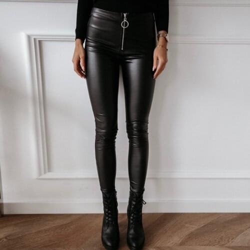 Black Sexy Leather Pants Zipper Open Front Womens Trousers Autumn Skinny Stretch Pant PU Leather Pants Solid High-waist Trouser