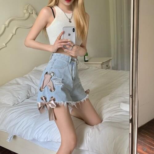 Gilrs Lace Up Washing Holes Jeans Shorts 2021 Summer High Waist Ripped Thin Denim Short Pants