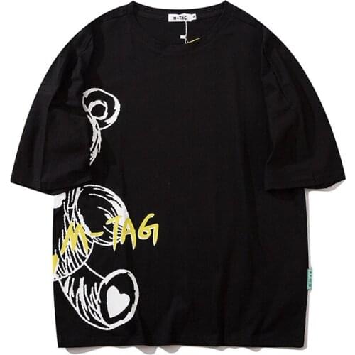 High street loose multi color print T-shirt Street bear graffiti print Short Sleeve Tee couple man