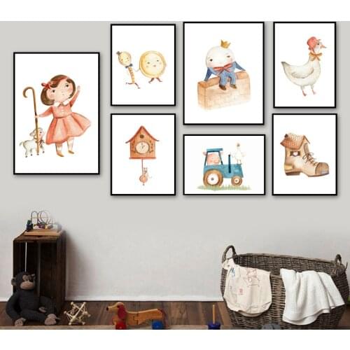 Cartoon World Girl Sheep Chicken Shoe Clock Pig Wall Art Canvas Painting Nordic Posters And Prints Wall Pictures Kids Room Decor