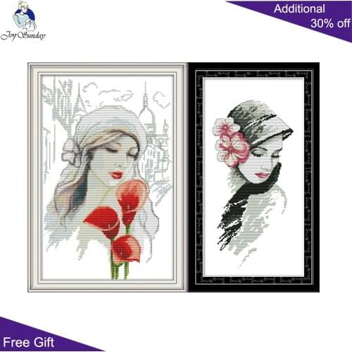 Joy Sunday Flowers Woman Beauty And Calla KB035 RA241 Counted Stamped Home Decor Pretty Girl Needlework Cross Stitch kits