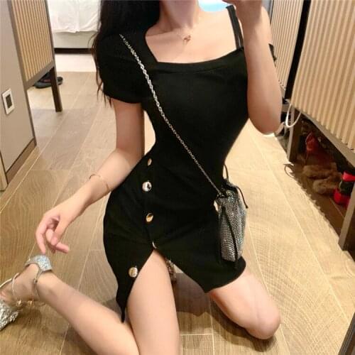 Real shot 2021 new womens fashion sexy slim irregular strapless short split dress