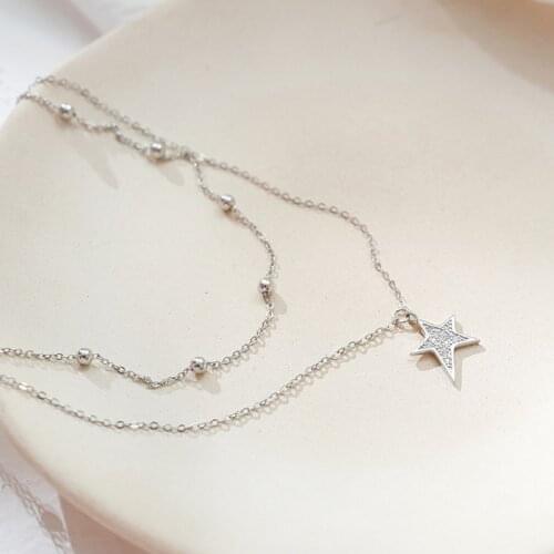 New Korean 925 Sterling Silver Double Layer Star Beads Choker Necklace for Women Girl Birthday Jewelry Chain Clavicle Necklaces