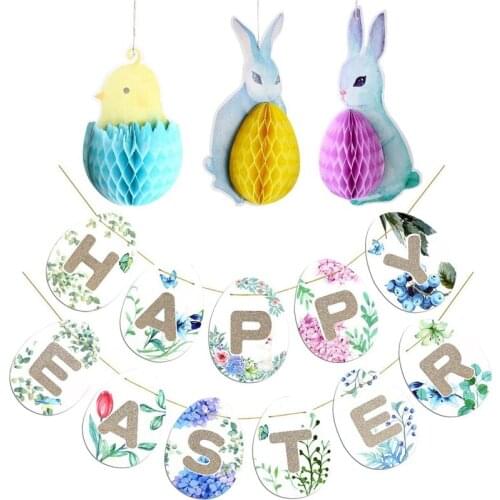 New Happy Easter Bunting Banner Garland with Hanging Easter Bunny Chicks Eggs Decoration for Easter Ornaments Party Decor