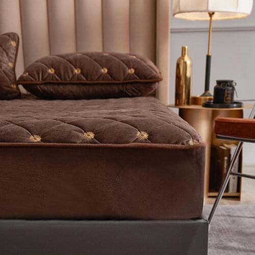 Fitted Sheet Style for Bed, Fleece Mattress Protector Cover, Thick Quilted Embroidered Queen King Size Bedding