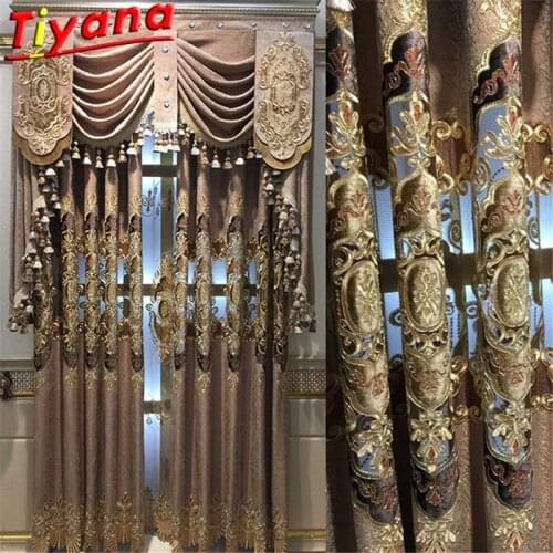 Nordic Palace Luxury Embroidered Semi-Blackout Curtain for Living Room Brown/Blue Chenille Geometry Villa Window Drapes HM141#ST