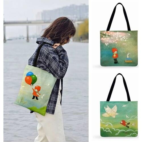 Foldable Shopping Bag Cartoon Fairy Tale Little Red Painting Print Bag For Women Casual Tote Ladies Shoulder Bag Beach Tote Bags