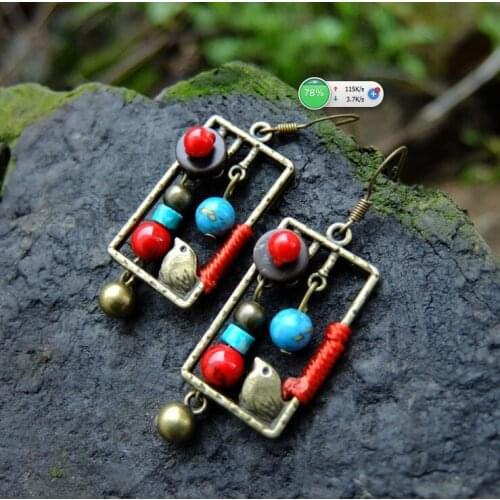 Nipal Handmade Vintage Coconut Shell Brass Birdcage Turuoise Dangle Earrings ,new Jewelry Chinese Square Ethnic Earrings