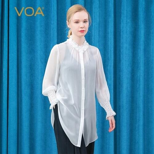 VOA Silk Half High Collar Long Sleeve Wooden Ear Three-dimensional Decoration Light and Micro-transparent Loose Shirt BE591