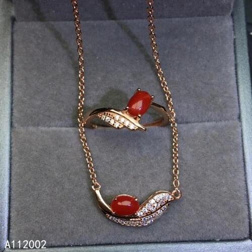 KJJEAXCMY fine jewelry natural red coral 925 sterling silver women gemstone pendant necklace ring set support test popular