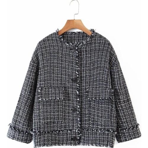Nice Vintage Woman Plaid Tassel Short Jacket New Vogue Ladies Autumn Crew Neck Loose Coat Female Mixed Color Outerwear