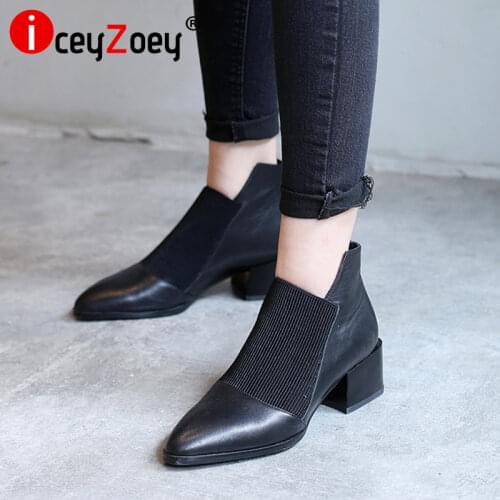 Coolcept Real Leather Ankle Boots For Women Pointed Toe Thick Heel Slip On Shoes Patchwork Shoes Footwear Solid Size 34-40