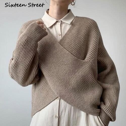 Woman Sweaters Autumn Winter Simple V Neck Cross Design Loose Casual Korean Fashion Knitted Pullover Fall 2020 Women Clothing