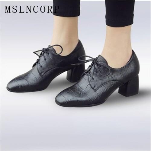 Plus Size 34-43 Women Pumps British Style Square Toe Embossed Leather Chunky High Heels Woman Black Lace-up Girls Casual Shoes