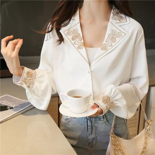 Plus Size 2XL Vintage Blouses 2021 Elegant Lapel Flower Embroidery Korean OL Shirt Women Single-Breasted Loose Tops 15423