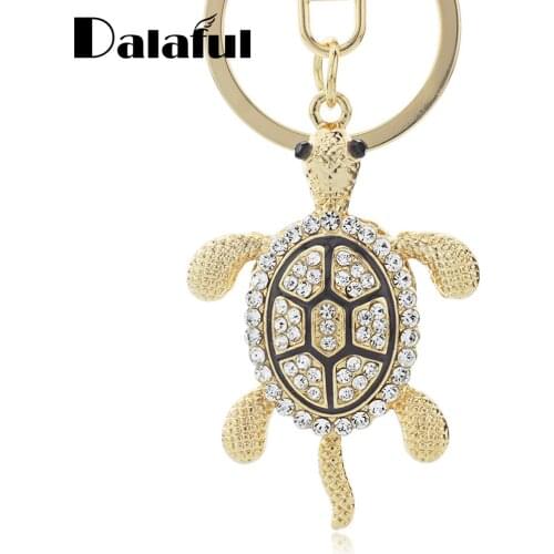 Dalaful Lovely Turtle Tortoise Keyrings Keychains Crystal Bag Pendant Key Chains Holder Rings For Car K316