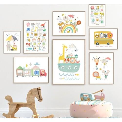 Nursery Decor Canvas Picture Cartoon Animal Alphabet Lion Posters and Prints for Living Room Frameless Wall Art