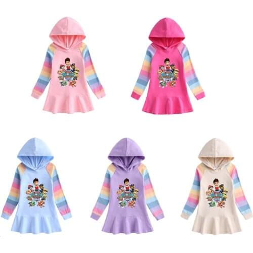Paw Patrol Chase Marshall Everest Autumn Cotton Cartoon Rainbow Girl Dress Children Long sleeved Hooded Sweater Dress Gift