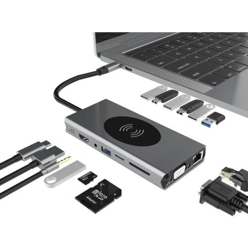 15in1 USB C HUB USB3.0 HDMI PD 3.5mm RJ45 All In One Hub Type-C Docking Station With 10W Wireless Charging For Laptop Macbook