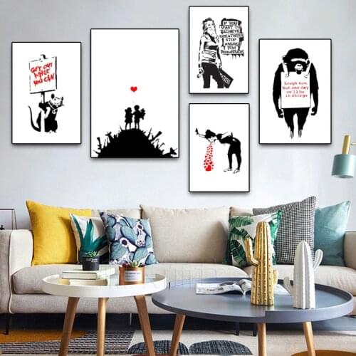 Banksy Graffiti Art Pictures Abstract Canvas Painting Black White Wall Art Posters and Prints Modern Living Room Home Decor