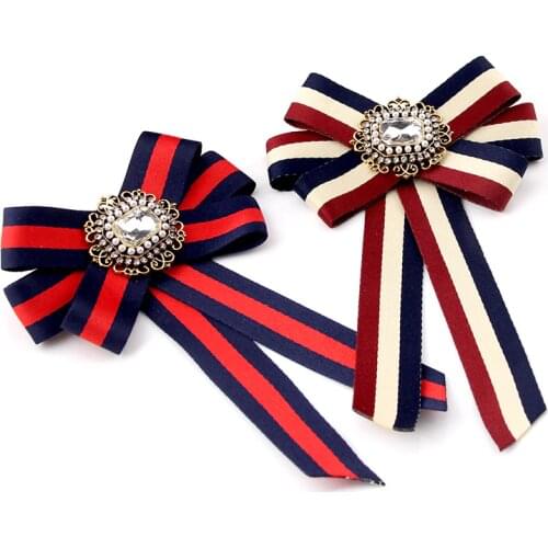 Classic stripe Navy Ribbon Bow Ties Rhinestone Crystal Brooches Pins Jewelry Women Collar Corsage Necktie Broche School Style