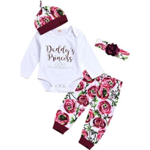 Girls Flower Letter Print Set Hat Haber Pants Three-Piece Set Cotton Printed Top Europe America Letter Print Autumn Girls' Wear