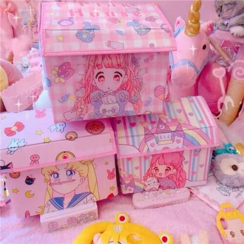 Cartoon Linen Storage Box With Cap Pink Cute Clothes Socks Toy Snacks Sundries Organizer Set Fabric Boxes Cosmetics Household