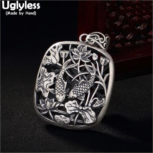 Uglyless Real Solid 990 Pure Silver Square Pond Pendants Necklaces NO Chains Handmade Fishes Lotus Pendant Thai Silver Hollow