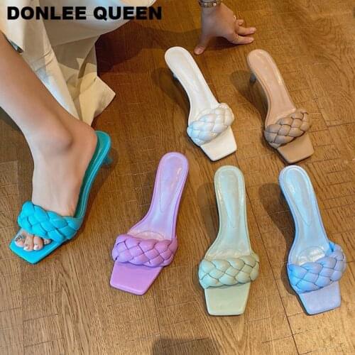 Fashion Brand Slippers Women High Heels Sandals 2020 Weave Slipper Slip On Slides Outdoor Flip Flops Shoes Women femmes sandales