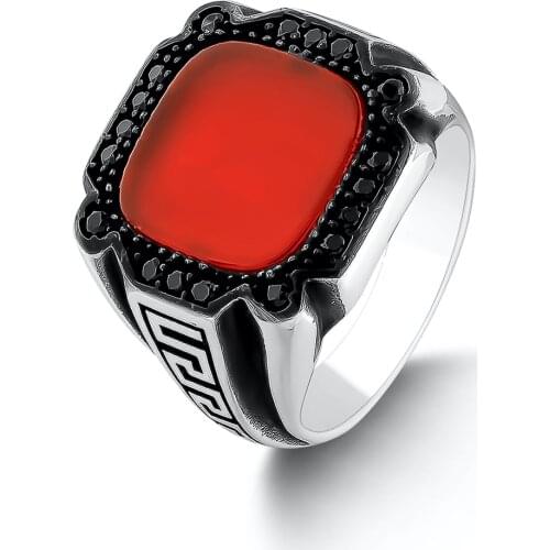Sterling Silver Ring with Oval Burgundy Red Agate Gemstone For Man Handmade Men Jewelry Solid 925 Sterling Silver