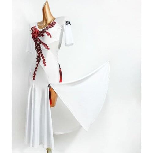 2020 New Latin Dance Dress Women TL598 Red Big Flower Design Performance Costume Dancing Cloth Belly Chacha Ballroom Dresses