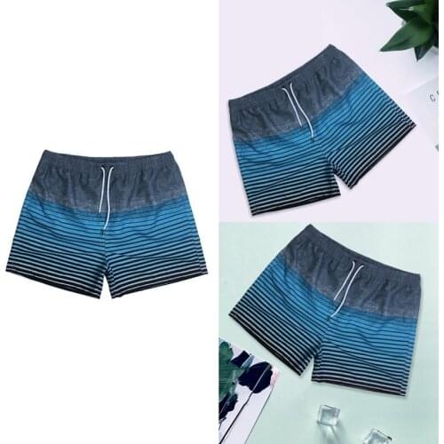 Hot kf-Mens Inner Mesh Stripe Printed 4 Points Loose Casual Brushed Polyester Mens Shorts Blue