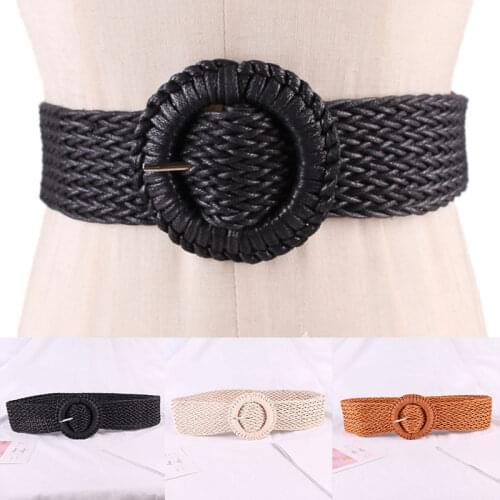 Boho Elastic Braided Waist Belt For Women Summer Vintage Dresses Waistband Female Round Wooded Buckle PP Straw Wide Belts