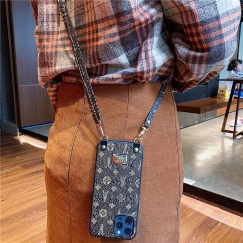 Luxury brand old flower Neck rope Lanyard Hard leather phone case for iPhone 11 12 Pro Max Mini XR X XS 7 8 Plus SE 2 back Cover